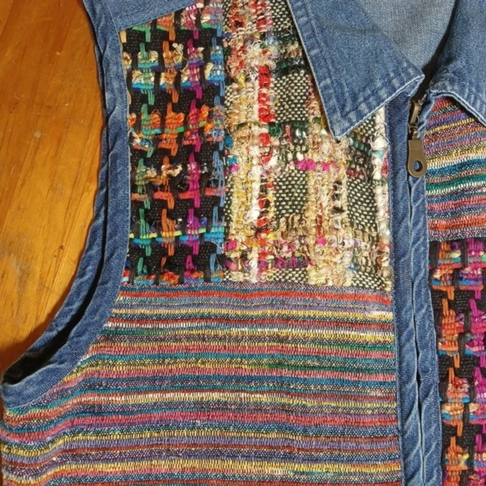 Vintage Denim Patchwork Vest Woven M granny core southwestern  cottage boho chic